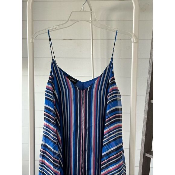 BEBE Dress Striped Blue Coral Black Sheer Sun Dress w Pockets & V Neck Women’s X - Picture 2 of 9